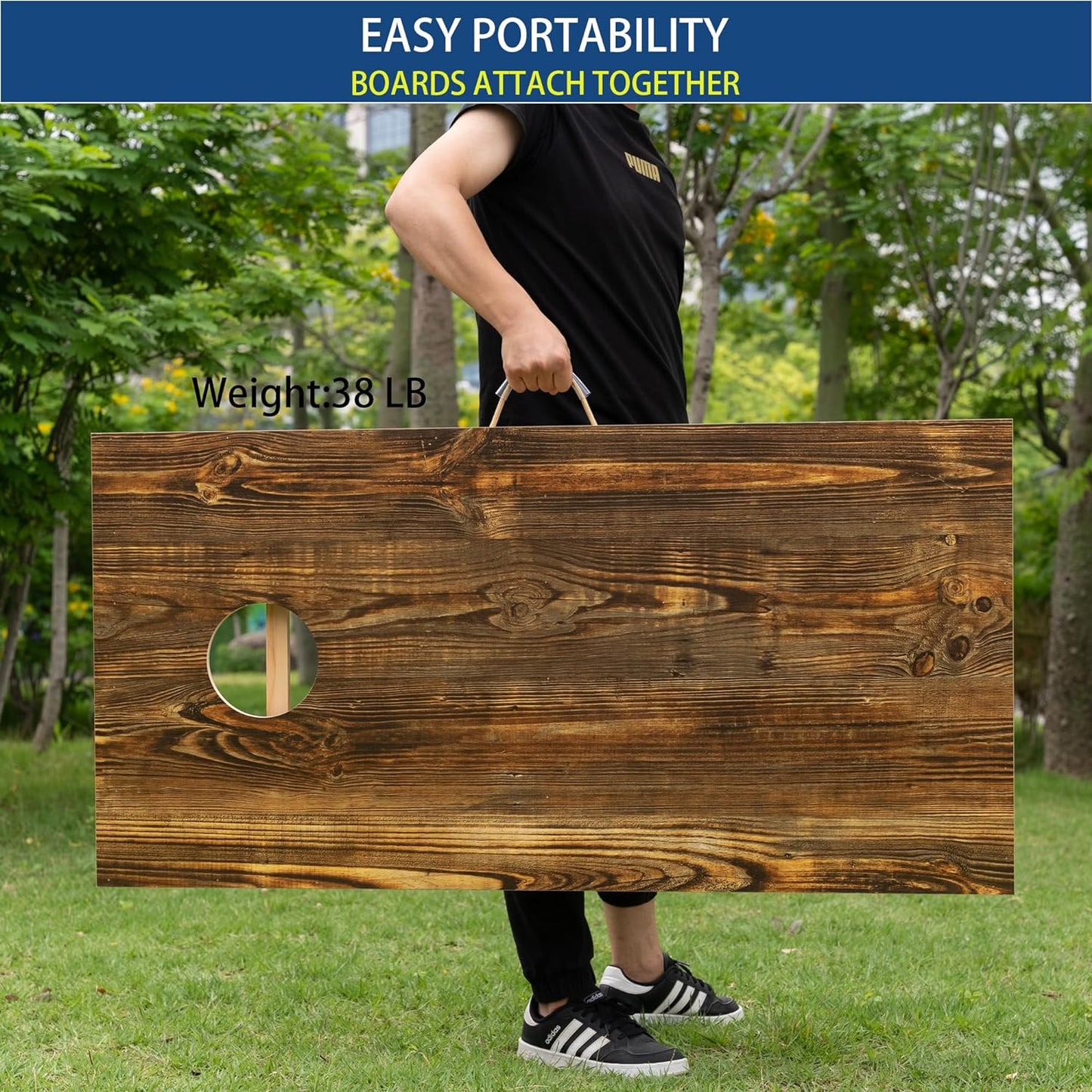 Cornhole Boards Set Regulation Size - 4'x2' Premium Solid Wood Corn Hole Toss Game with 8 Bean Bags,Velcro Design Portable Scratch Resistant Bag Toss Boards