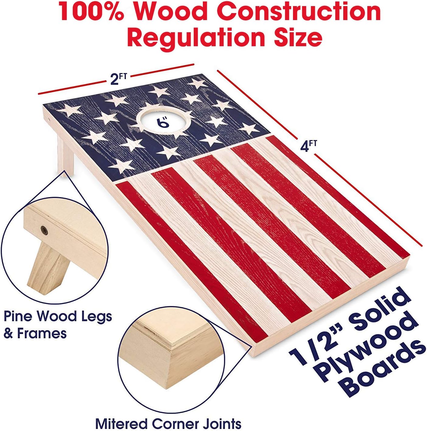 Cornhole Boards Regulation Size Flag Set: 4ft Boards, 8 Bags, Case, Rules
